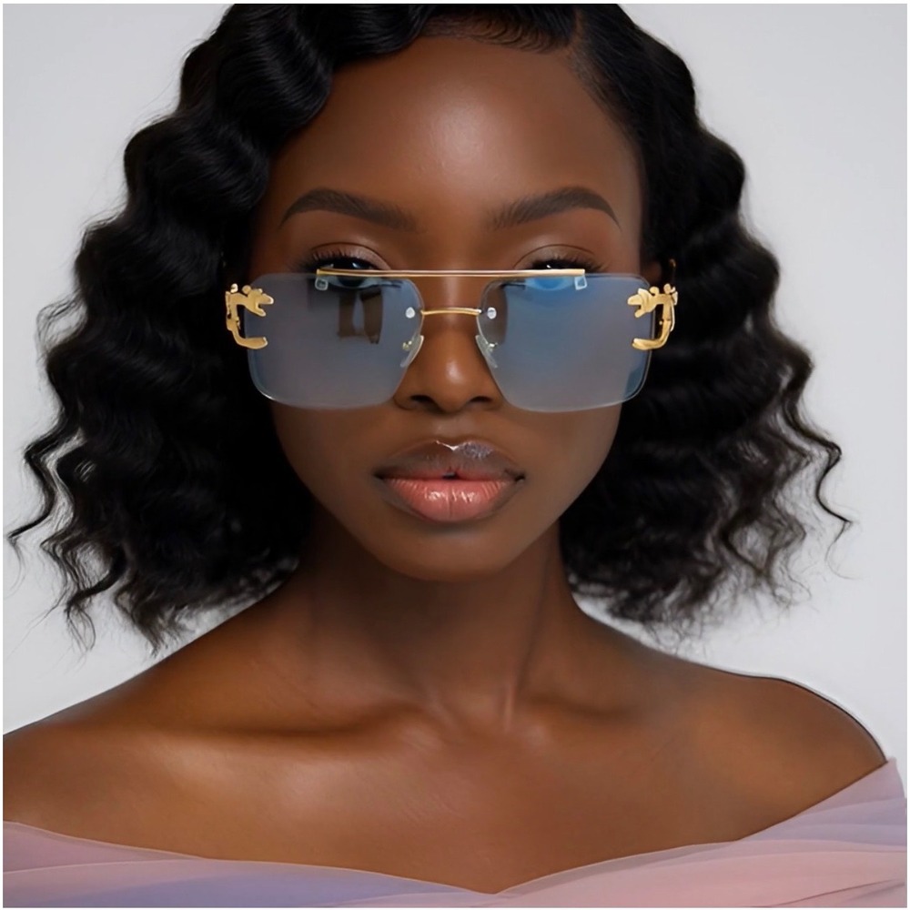 Gold Frame Green Lens Rimless Sunglasses Fashion‎ Designer Eyewear Women Shades